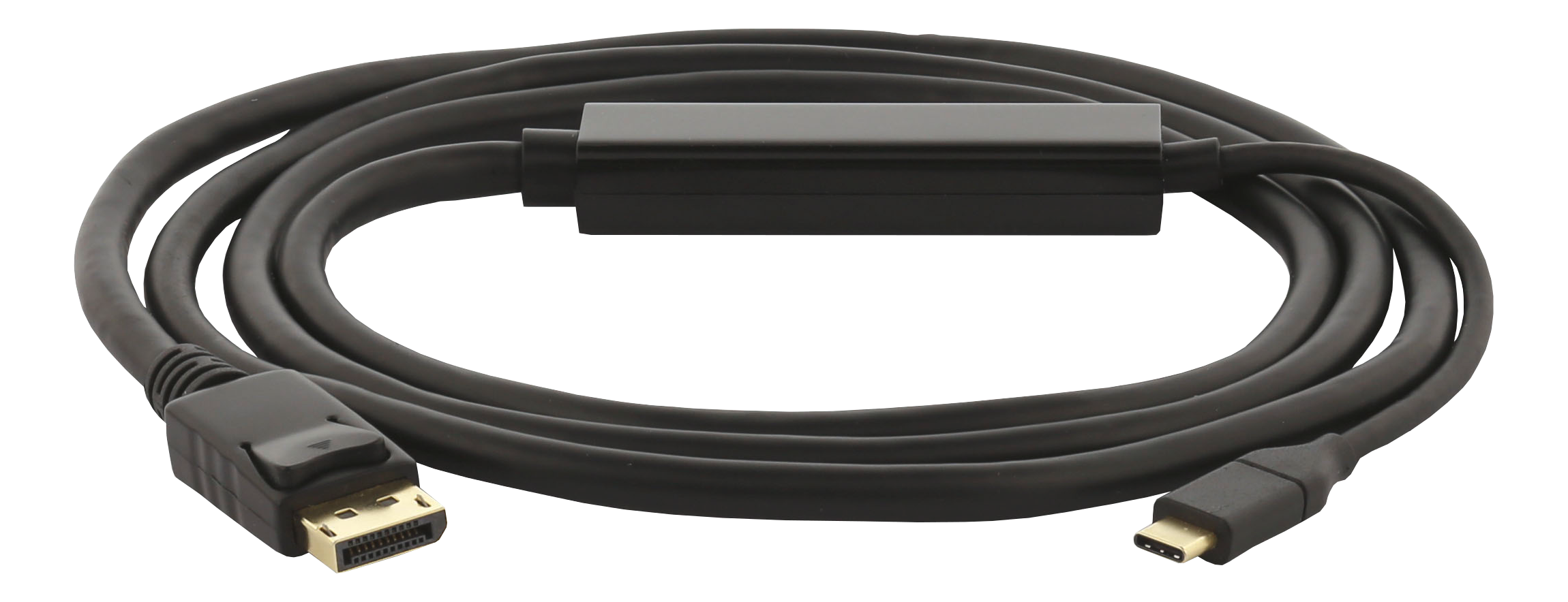 Un câble noir avec un connecteur DisplayPort et un connecteur USB-C.