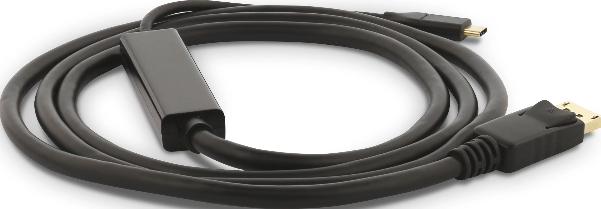 Un câble USB-C noir avec des connecteurs sur fond blanc.