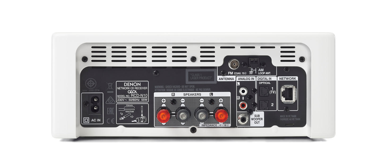 Die Rückseite eines weißen Denon Netzwerk-CD-Receivers mit verschiedenen Anschlüssen.