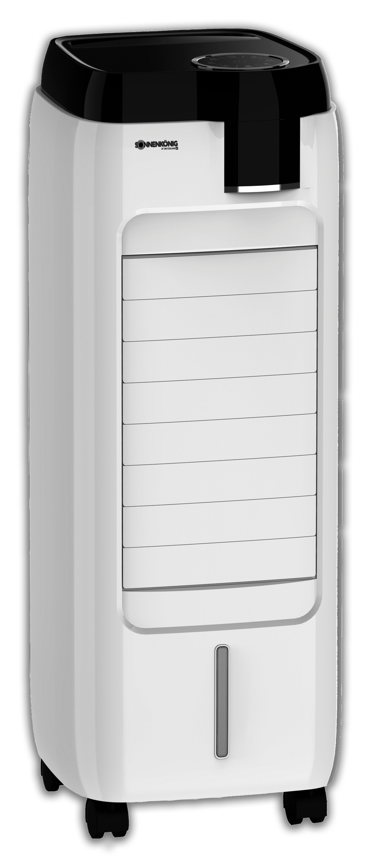 Ein weiß-schwarzer Luftkühler mit langem Körper, Frontöffnungen und Rädern. Er hat ein digitales Display oben.