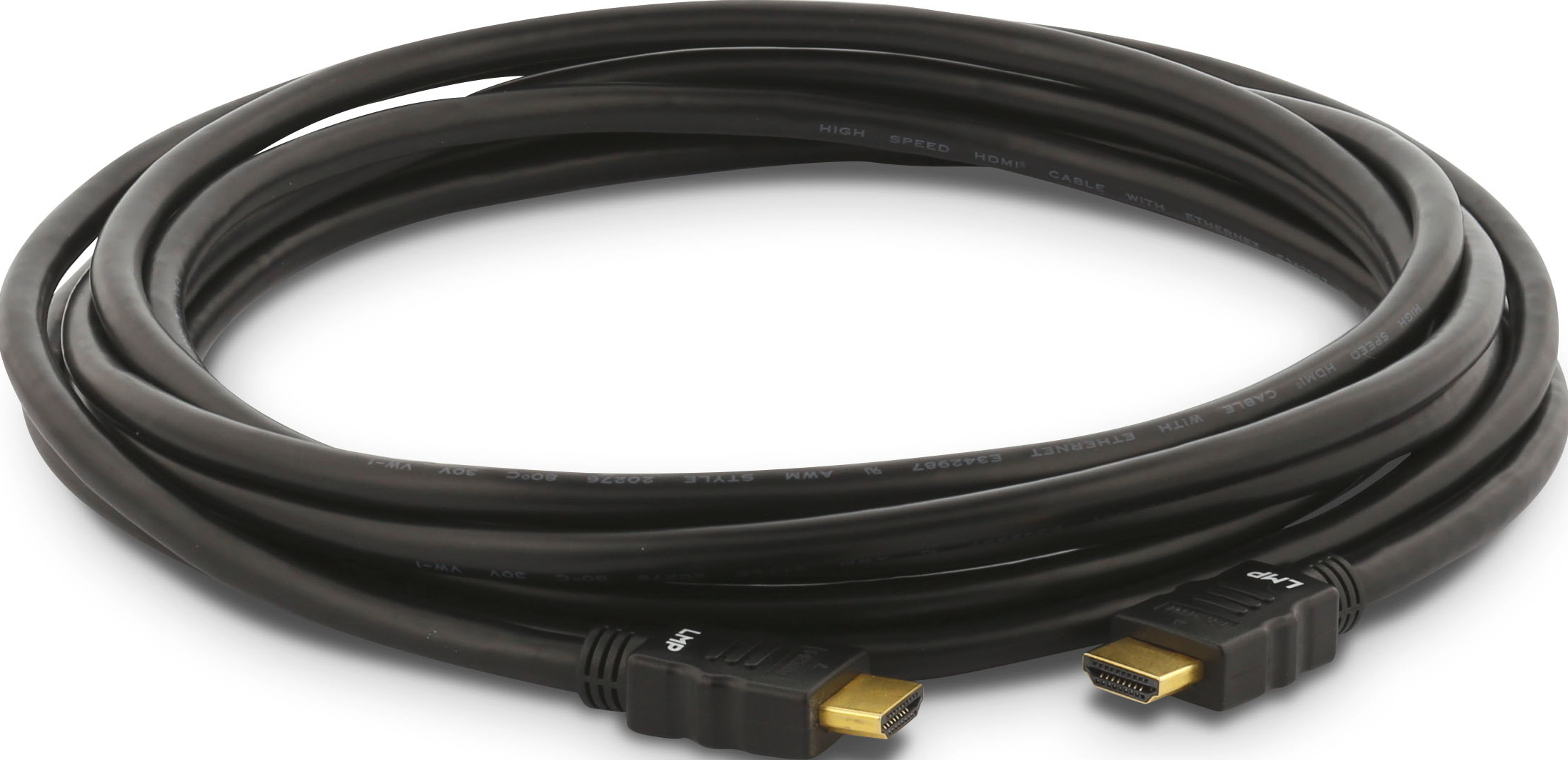 Ein schwarzes HDMI-Kabel, aufgerollt, mit goldenen Steckern.
