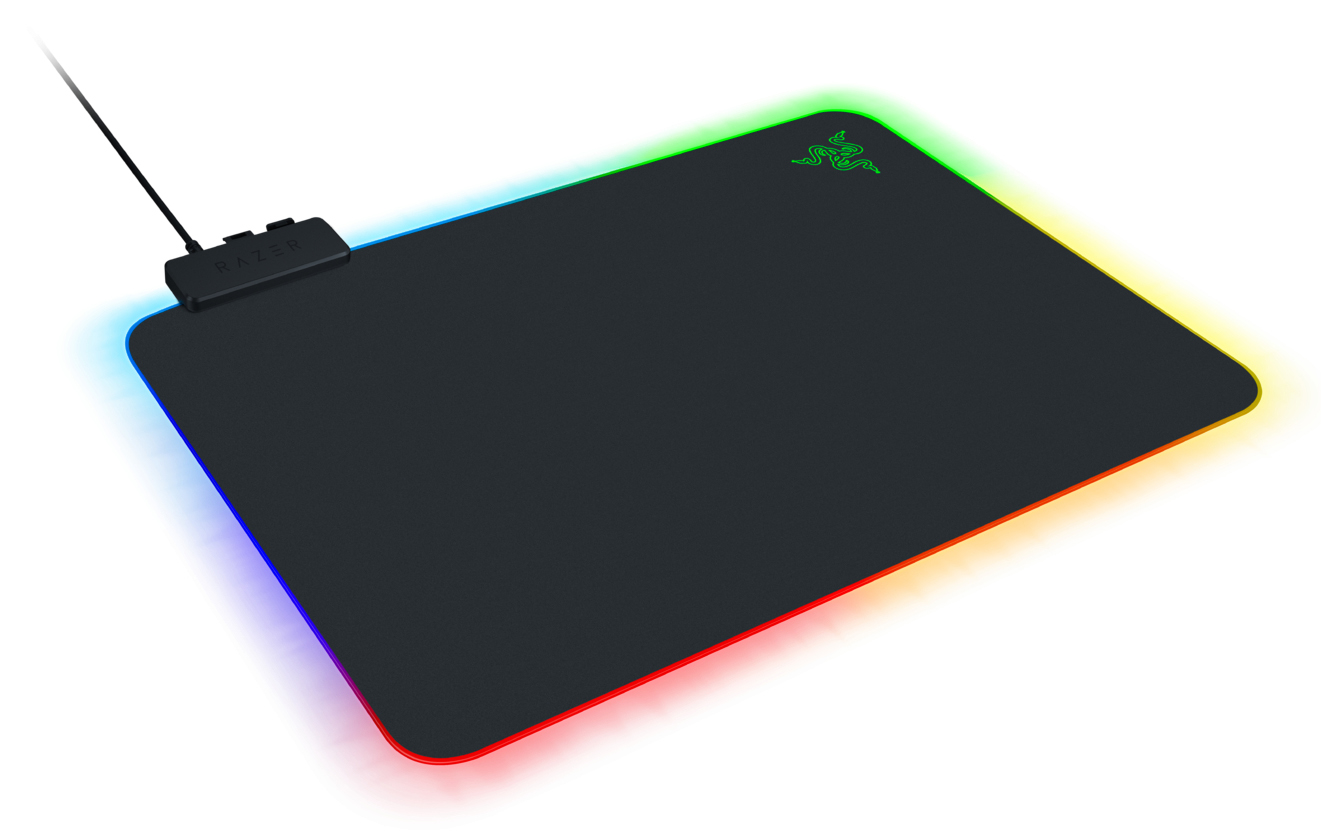 A black gaming mousepad with RGB lighting around the edges and a Razer logo in the corner.