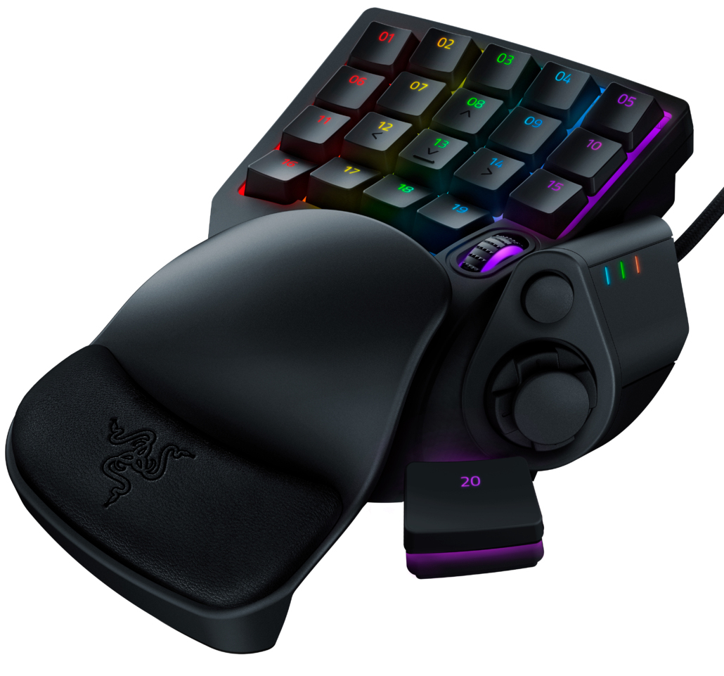 Black gaming keypad with multiple backlit keys, a wrist rest, and a joystick.