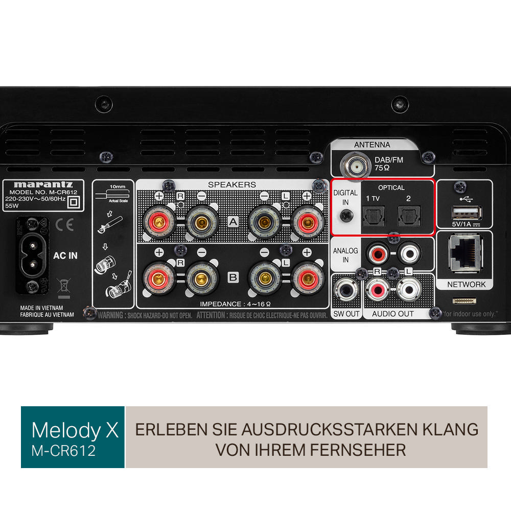 Rückseite des Marantz M-CR612-Receivers mit Anschlüssen, Beschriftung und Text darunter.
