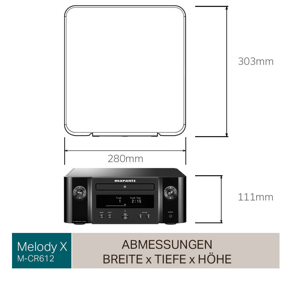 Ein schwarzes und silbernes Marantz-Stereosystem. Die Abmessungen betragen 280mm x 111mm x 303mm.