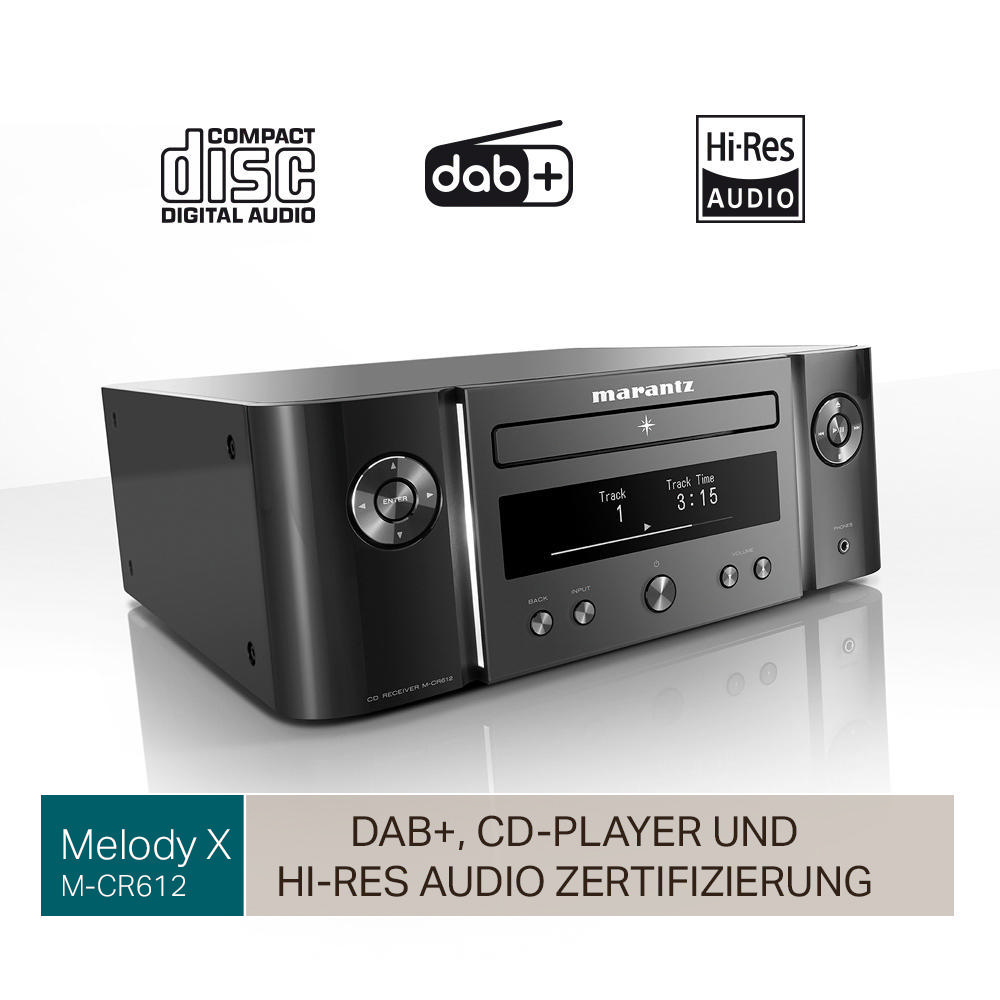 Ein schwarzes Stereo mit silberner Front und Display. Text: DAB+, Hi-Res AUDIO.