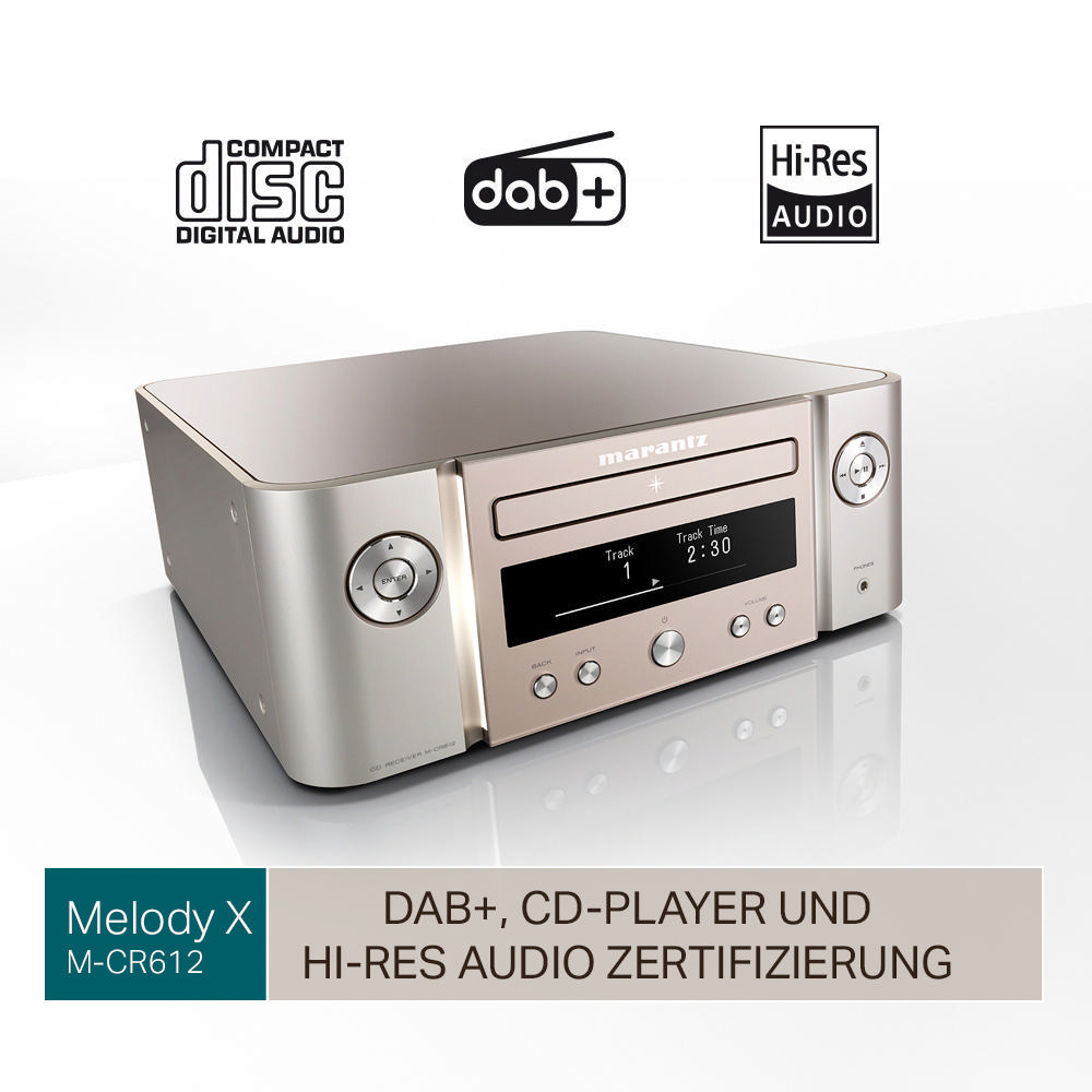 Silber-Gold-Stereoanlage mit Compact Disc, DAB+ und Hi-Res Audio Logos.