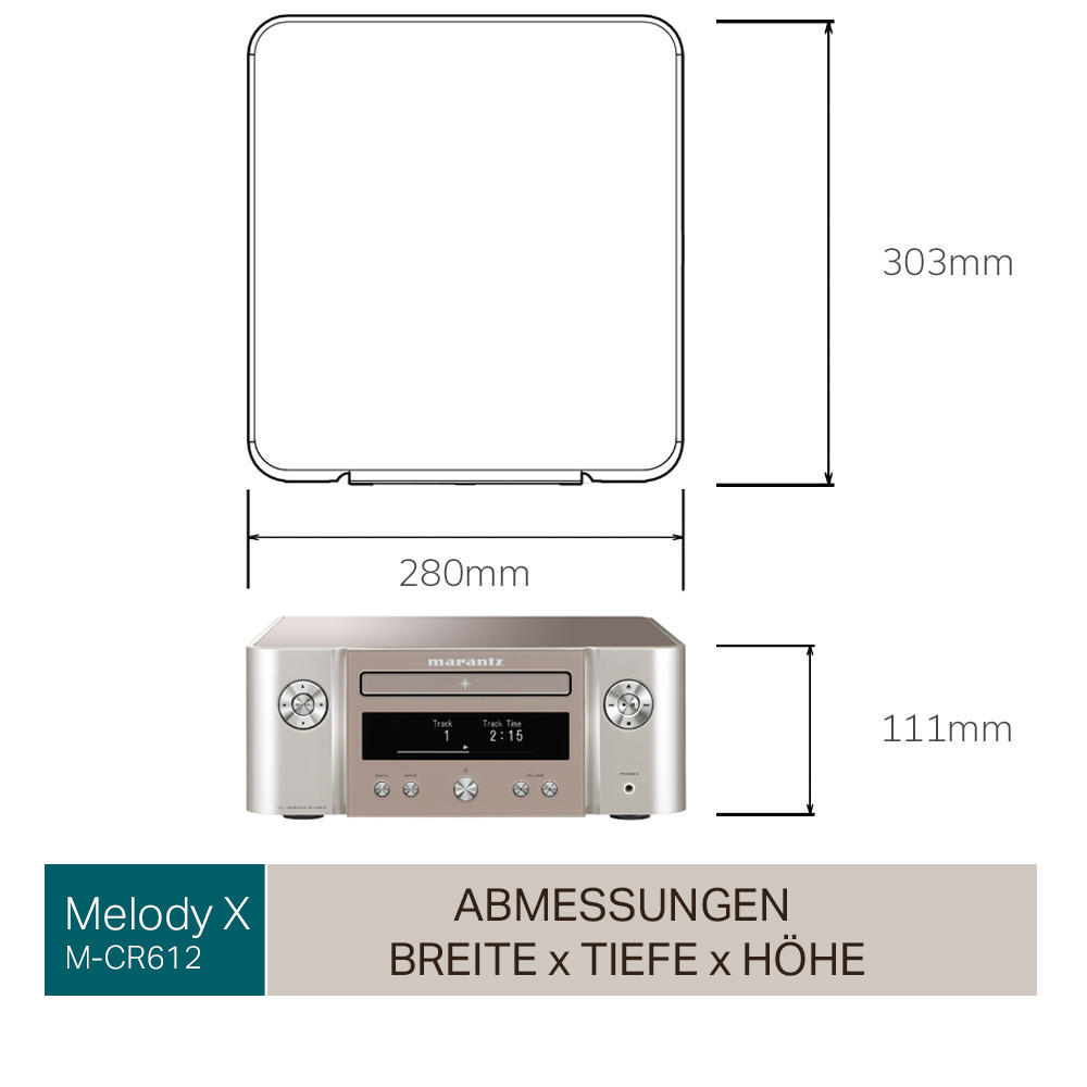 Diagramm mit Abmessungen des Audiosystems mit Text.