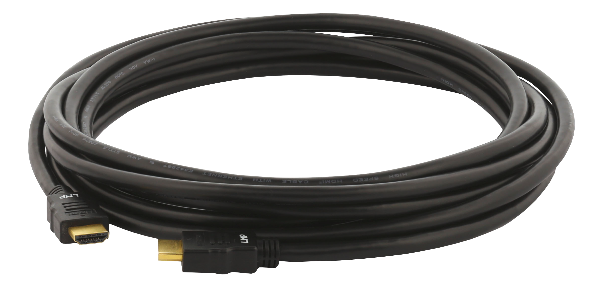 Ein aufgerolltes schwarzes HDMI-Kabel mit Anschlüssen an beiden Enden. Die Anschlüsse sind goldfarben.