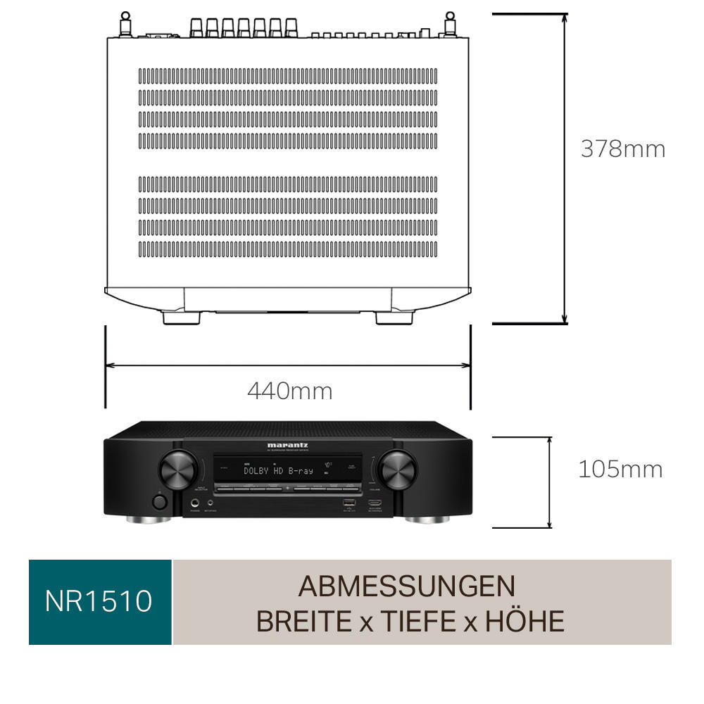 Diagramm eines schwarzen Marantz-Receivers mit den Maßen: 440mm Breite, 105mm Höhe, 378mm Tiefe.