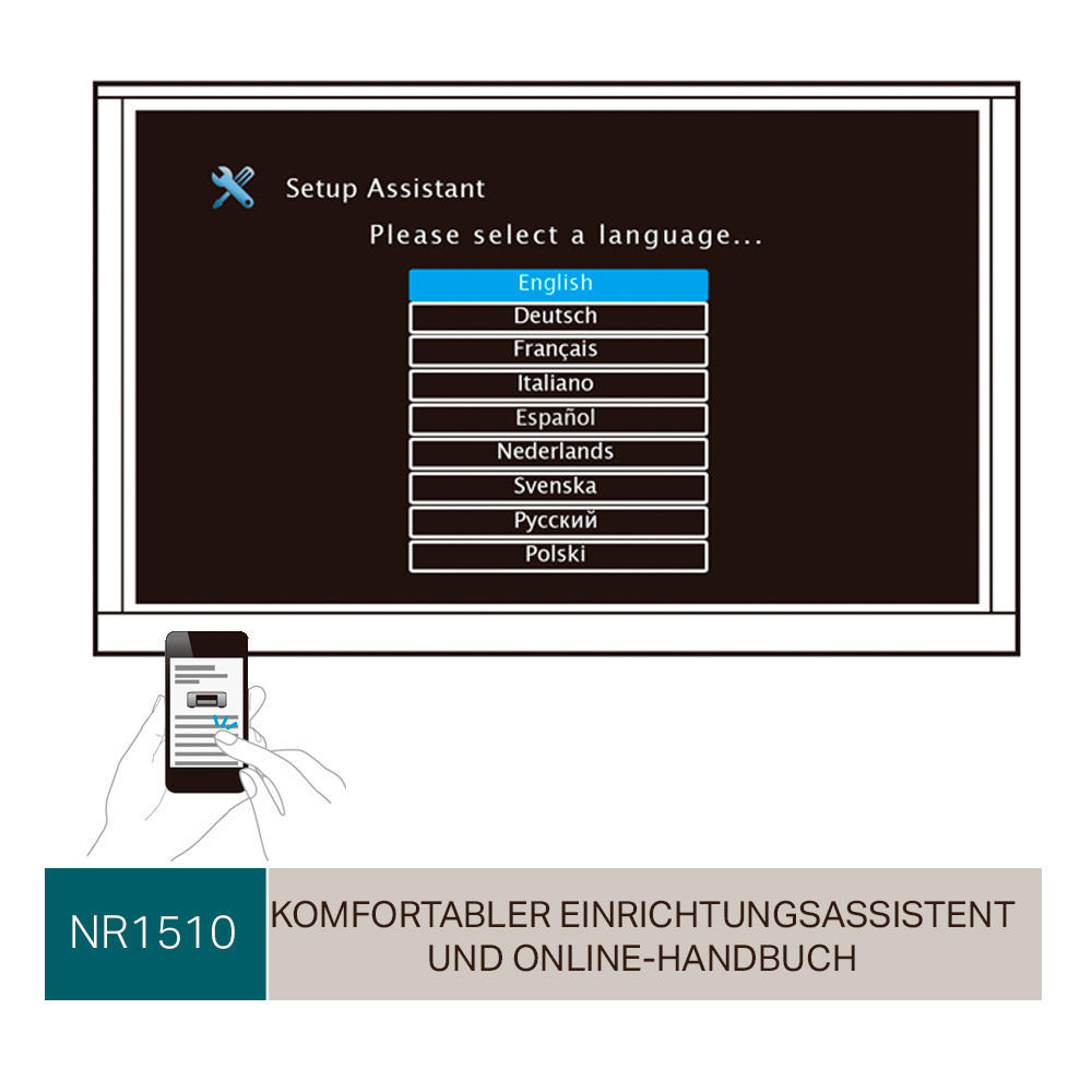TV-Bildschirm zeigt Einrichtungsoptionen. Verfügbare Sprachen sind aufgelistet, und eine Hand hält ein Telefon mit ähnlichem Bildschirm.