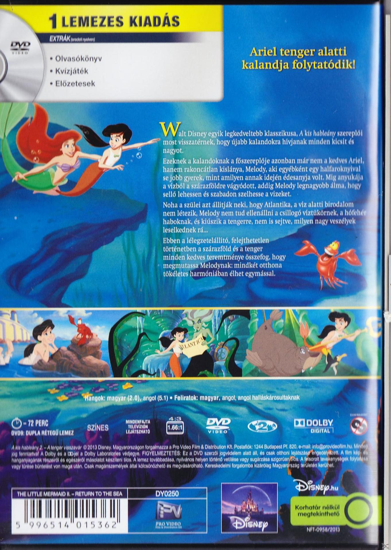 A Kis hableány DVD hátlapja, illusztrációkkal és szöveggel több nyelven.