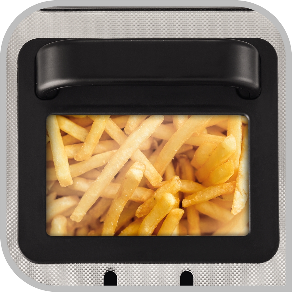 Een airfryer met een transparant venster met gouden frietjes.