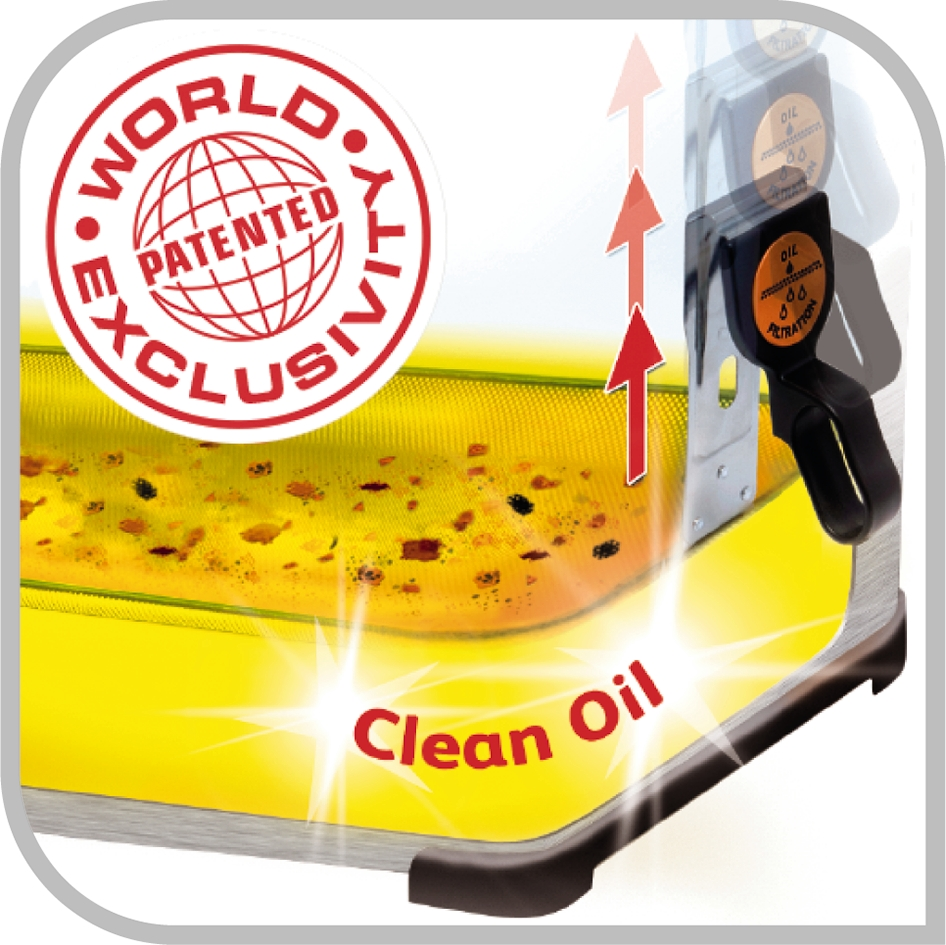 Close-up van een filter met olie, met een Clean Oil en World Quality label.