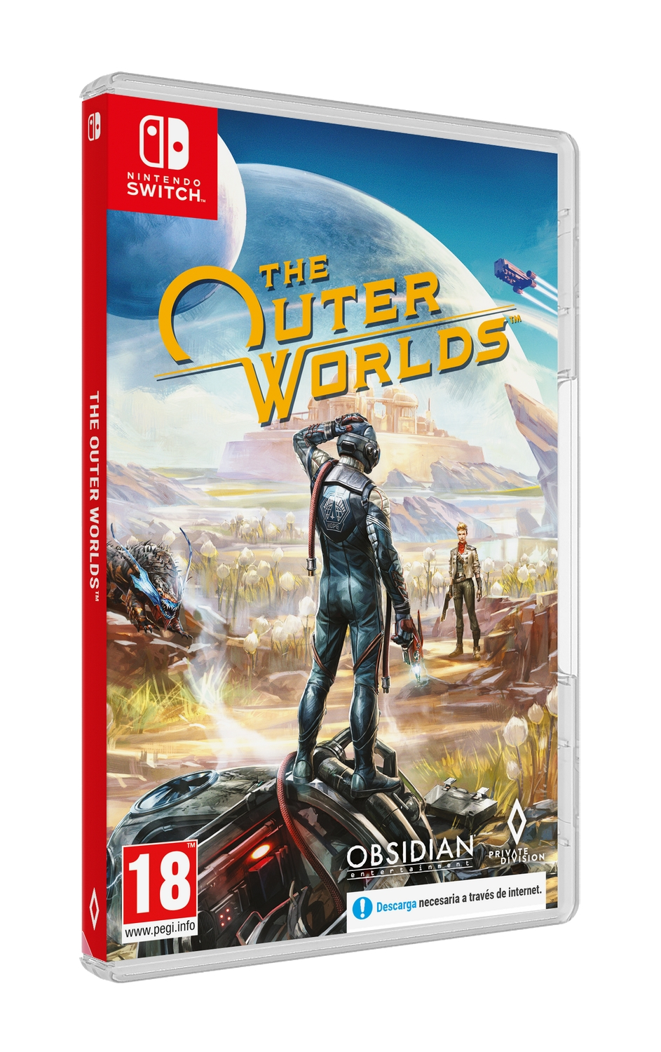 Caja del juego 'The Outer Worlds' para Nintendo Switch. Una persona con un arma está en un planeta.