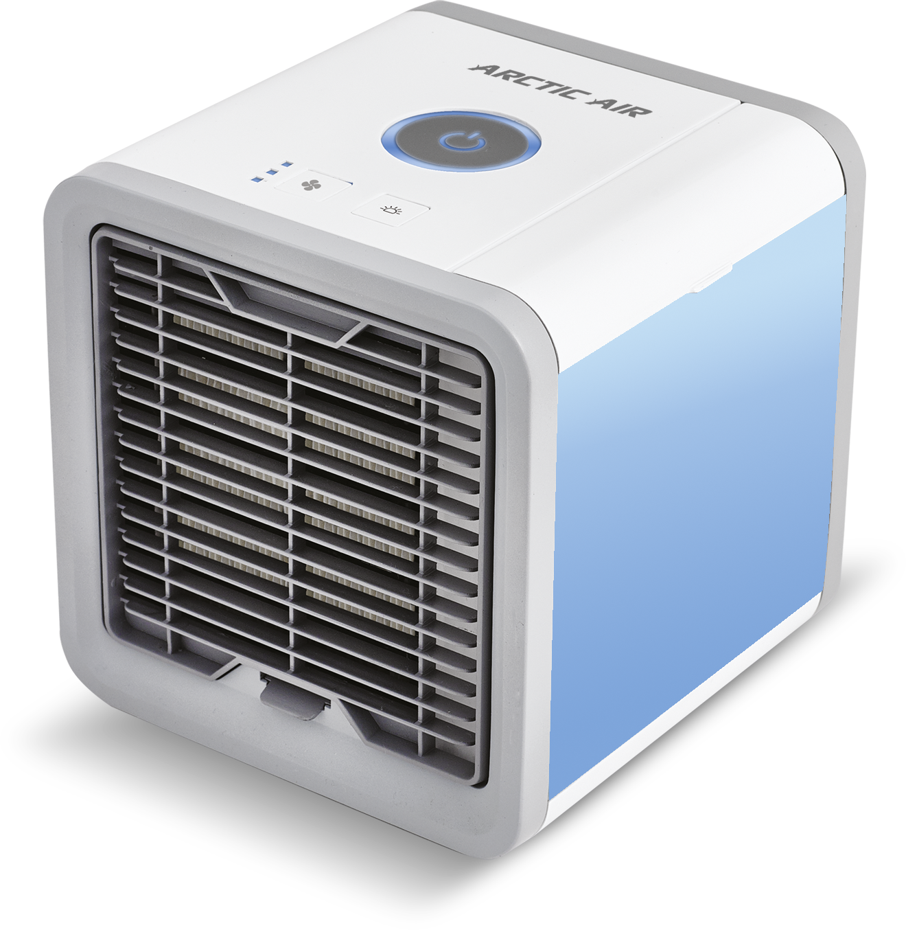 Arctic Air hűtő, fehér és kék, vezérlőkkel, fekete háttérben.