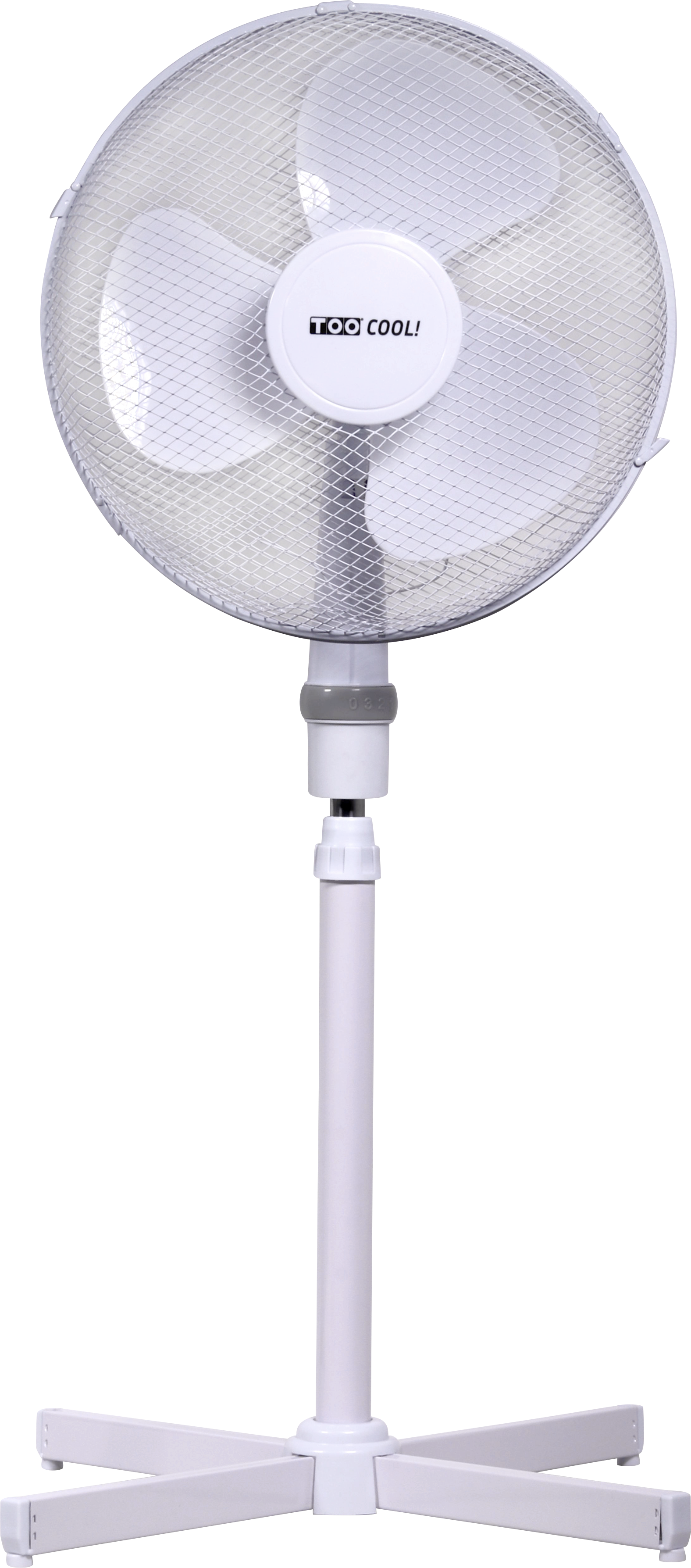 Fehér álló ventilátor. Fehér lapátok fémhálós ketrecben. A talp fehér és keresztezett.