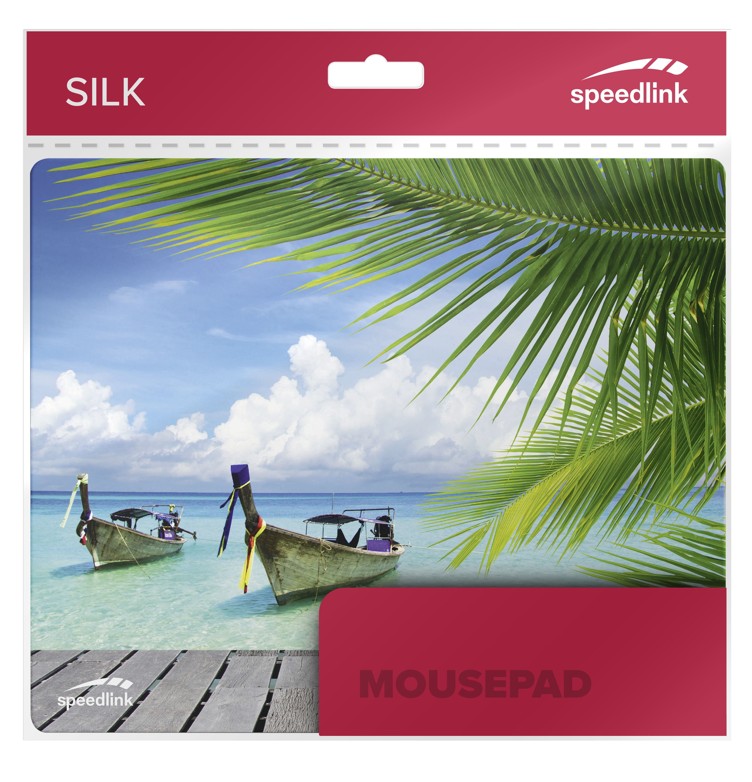 Mauspad in Verpackung. Bild von Booten auf Wasser mit Palmen und hellem Himmel.