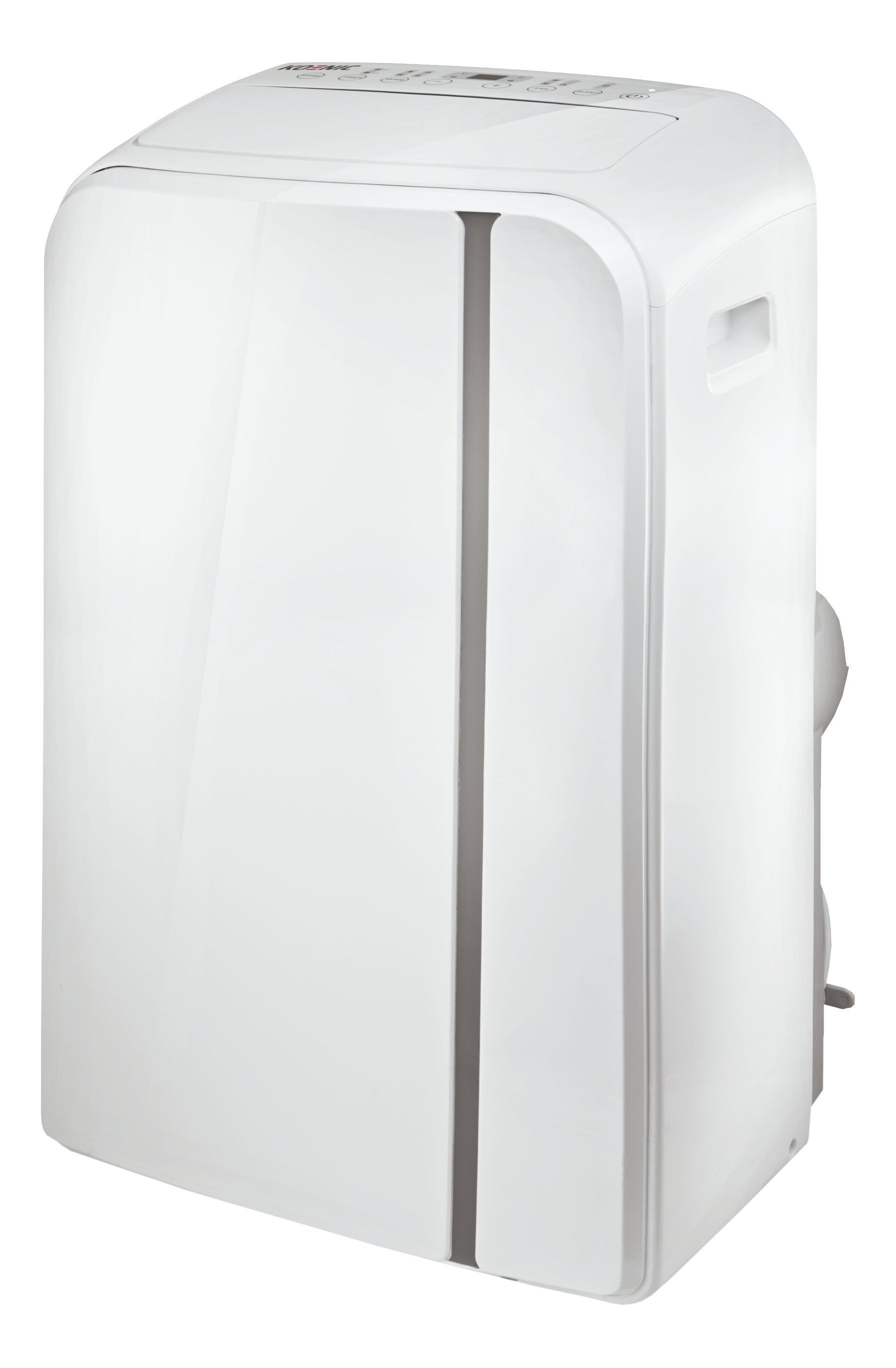 Climatiseur portable blanc, avec un design incurvé et une bande grise verticale.