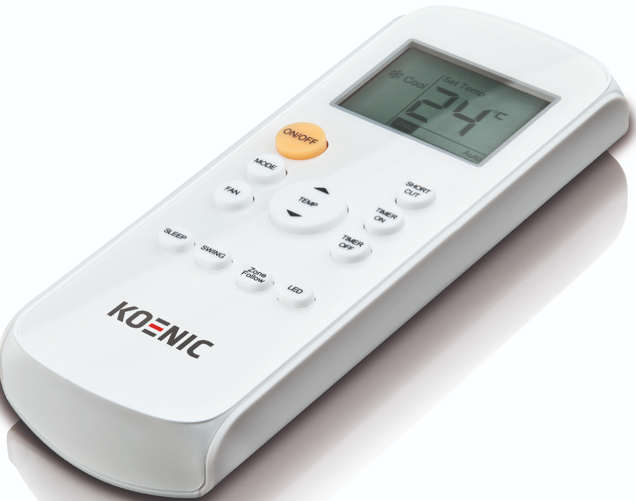 Télécommande blanche avec des boutons pour l'alimentation, le mode, le ventilateur, la température, le sommeil, l'oscillation, la zone, la minuterie et la LED.