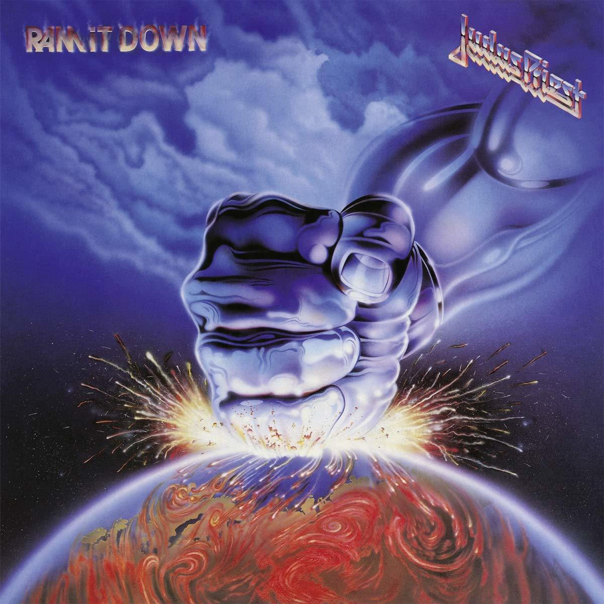 Albumcover für Judas Priests Ram It Down. Faust schlägt auf die Erde. Blauer Himmel mit Blitz.