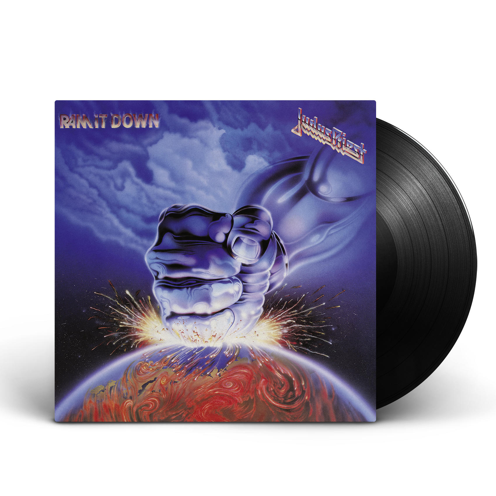 Vinyl-Schallplattenhülle. Artwork zeigt eine Faust, die die Erde schlägt, mit blauem Himmel im Hintergrund.