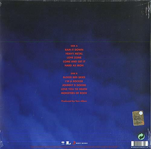 Rückseite der Vinylplatte. Text listet Songs auf: Seite A, Ram It Down, Heavy Metal, Love Zone.