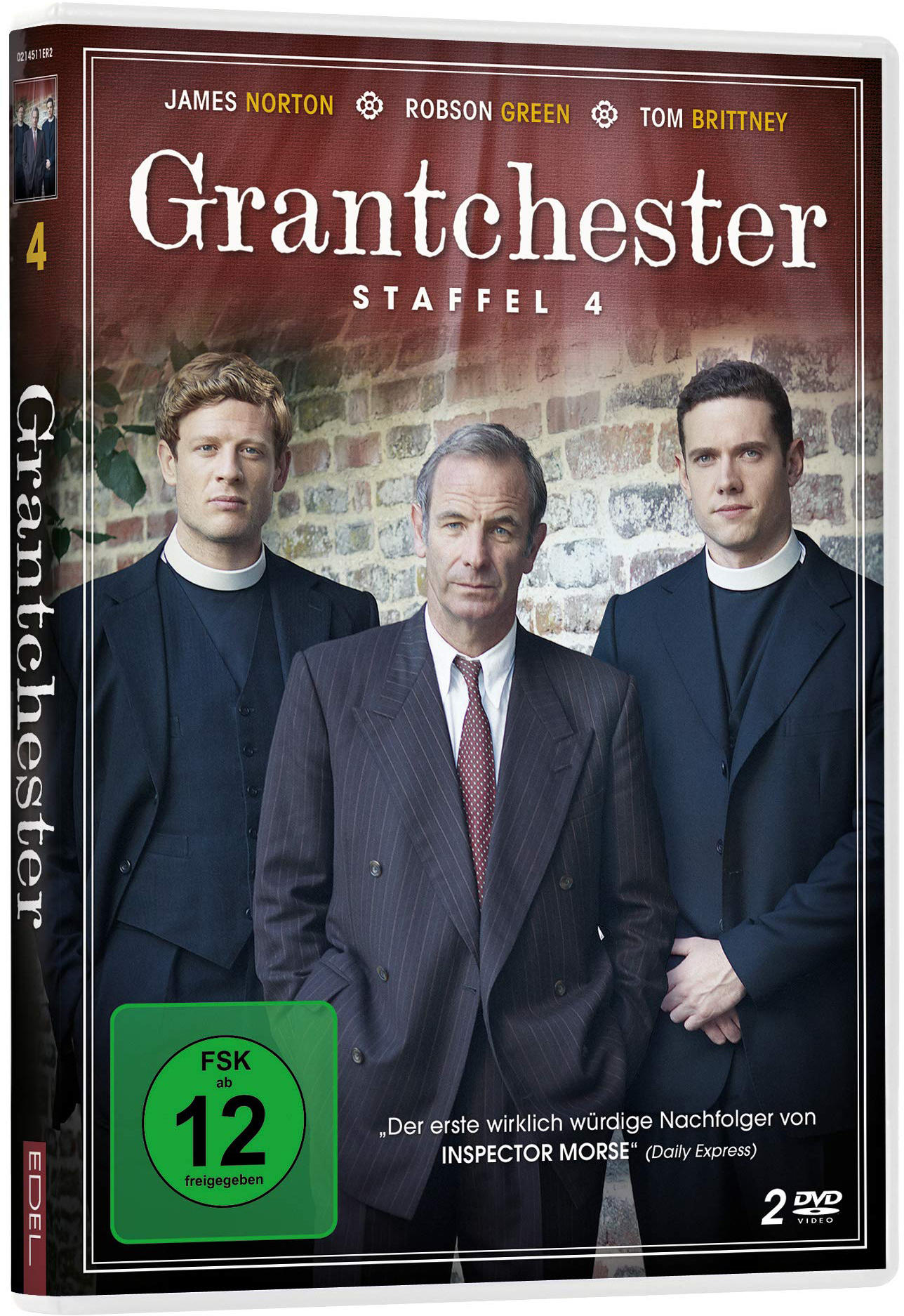 Grantchester DVD-Hülle. Auf dem Cover sind drei Männer in Kragen abgebildet. Der Titel steht darüber.