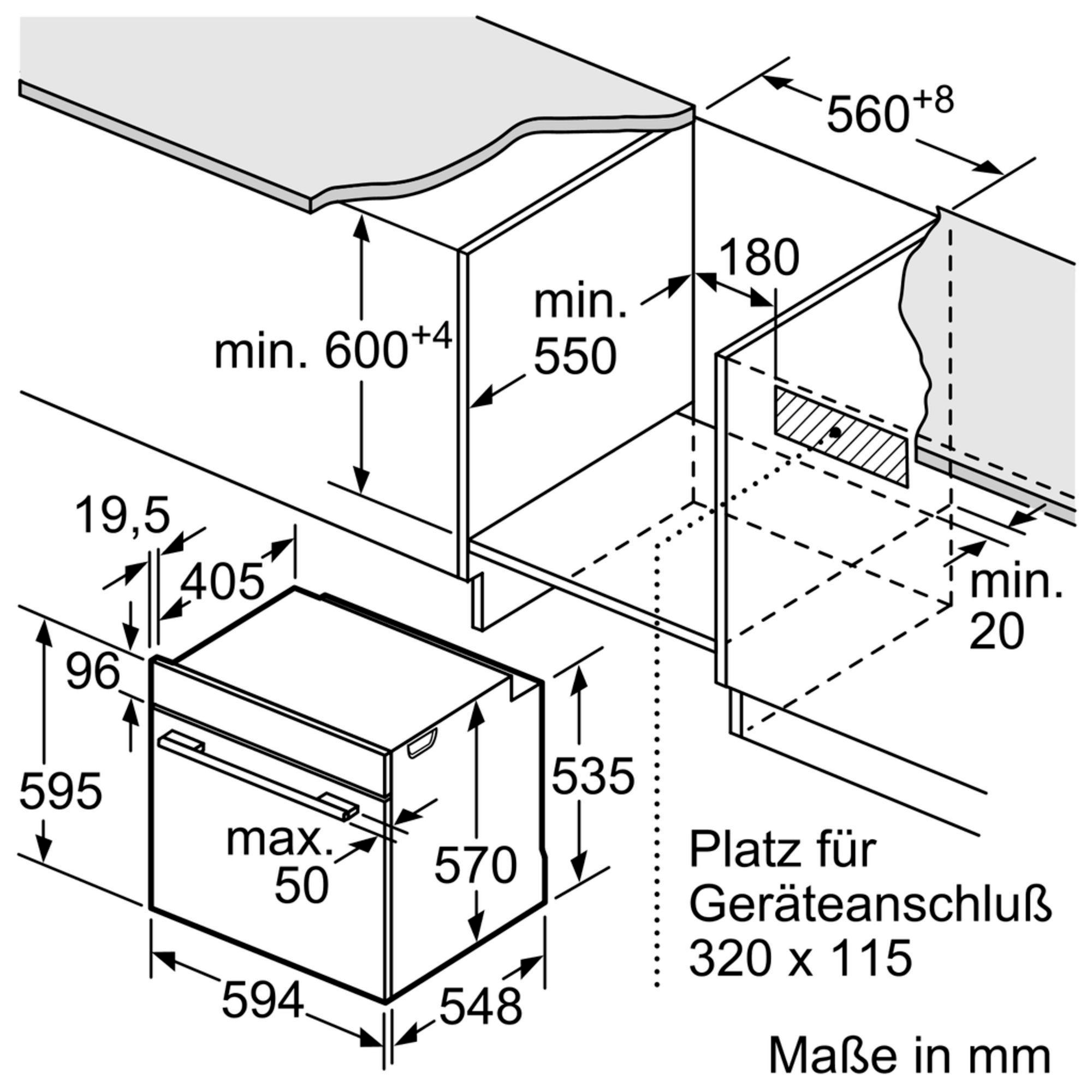 Technische Zeichnung eines Ofens mit Abmessungen. Die Zeichnung zeigt die Größe und Einbaudetails des Ofens.