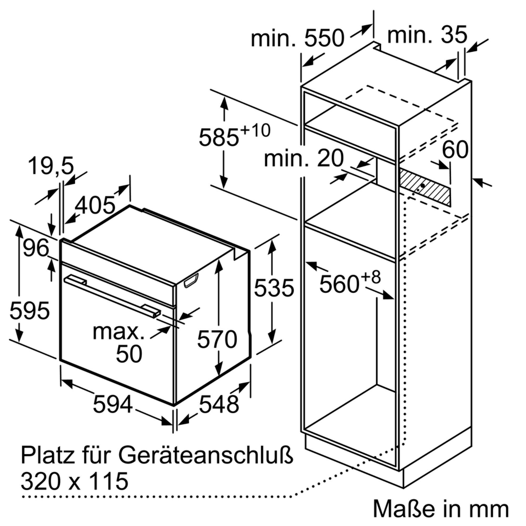 Diagramm eines Einbauofens, Abmessungen in mm. Es hat eine rechteckige Form mit einer Tür.