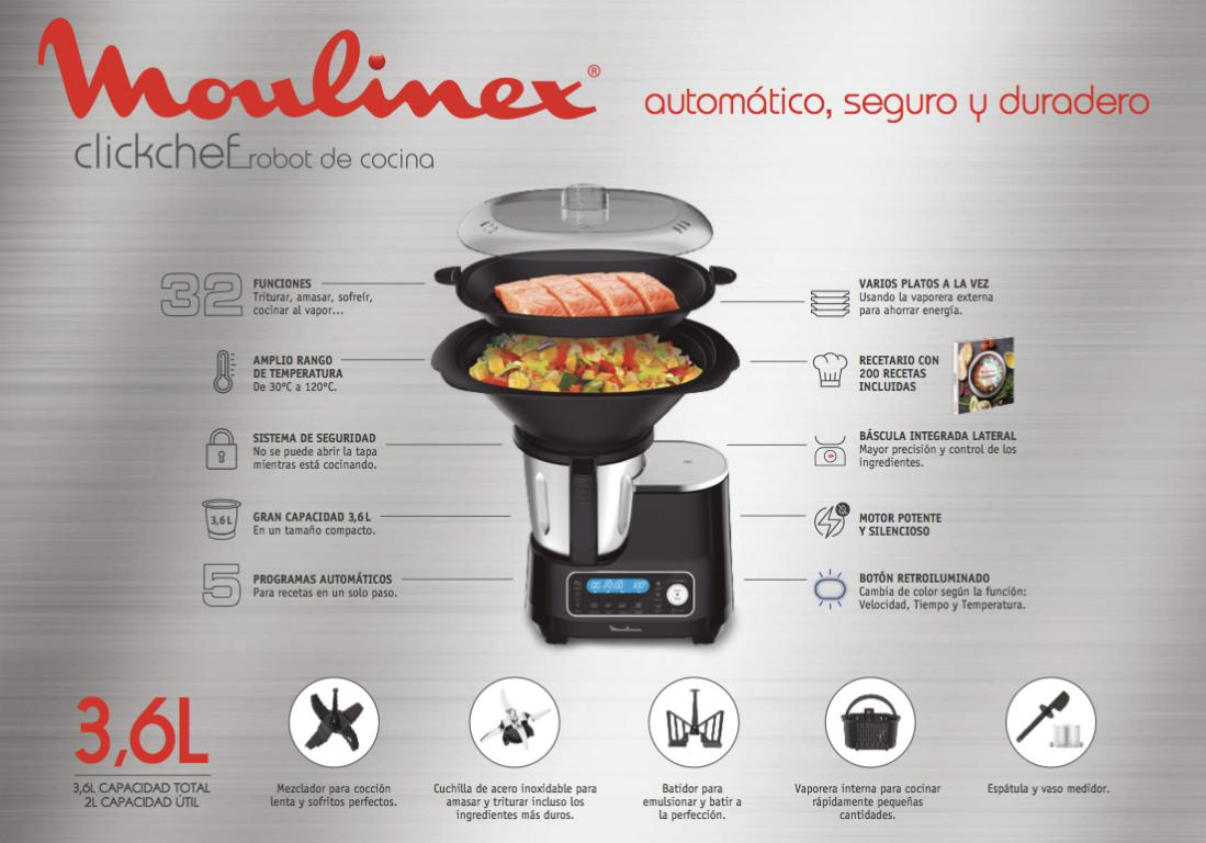 Moulinex clickchef robot de cocina con texto e imágenes. Electrodoméstico con múltiples partes. Fondo blanco.