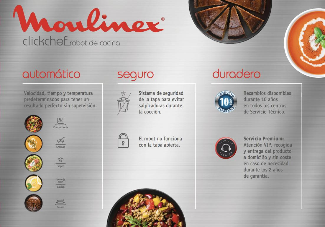 Moulinex clickchef robot de cocina, con texto e imágenes de platos y características.