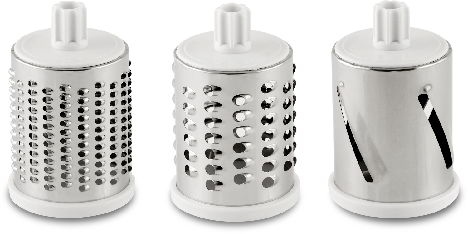 Trois râpes cylindriques en acier inoxydable avec des dessus et des bases en plastique blanc. Chacune a une surface de coupe différente.
