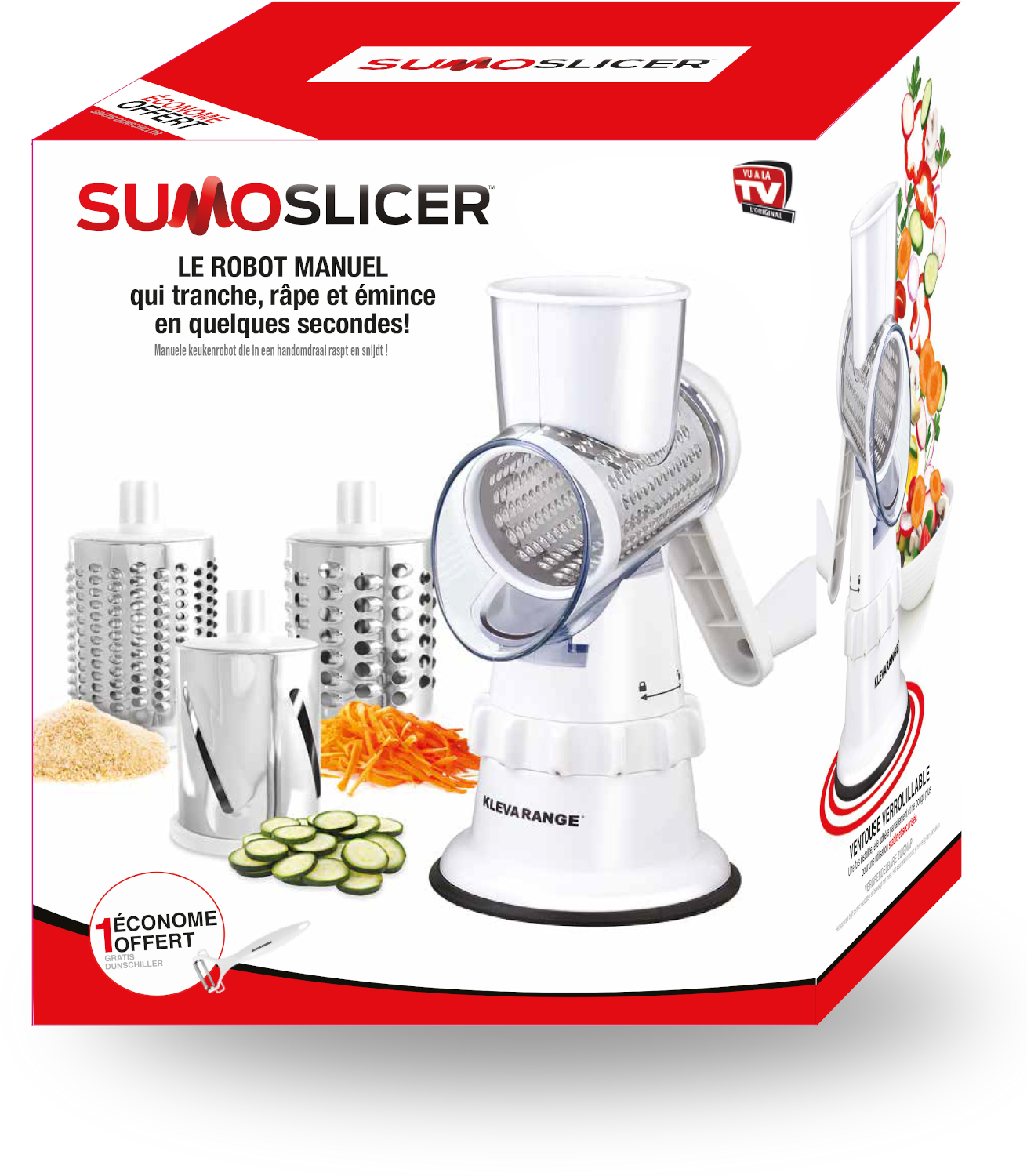 La boîte montre un Sumoslicer. C'est un robot culinaire manuel qui tranche, râpe et émince. Sont également montrées les lames incluses et les légumes coupés.