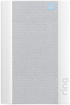 Système d'alarme Ring blanc. Rectangulaire, avec un centre en maille grise et une lumière bleue en haut.