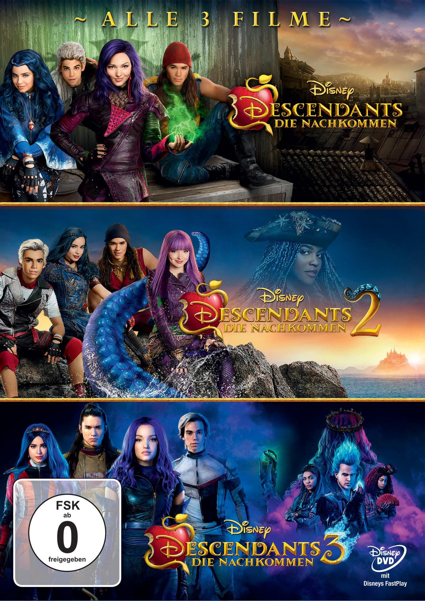 Filmcover für Descendants 1, 2 und 3. Die Cover zeigen verschiedene Charaktere und das Disney-Logo.