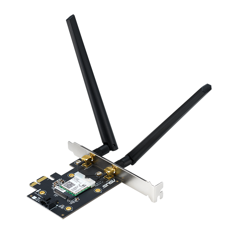 A black and silver computer Wi-Fi card with two antennas.