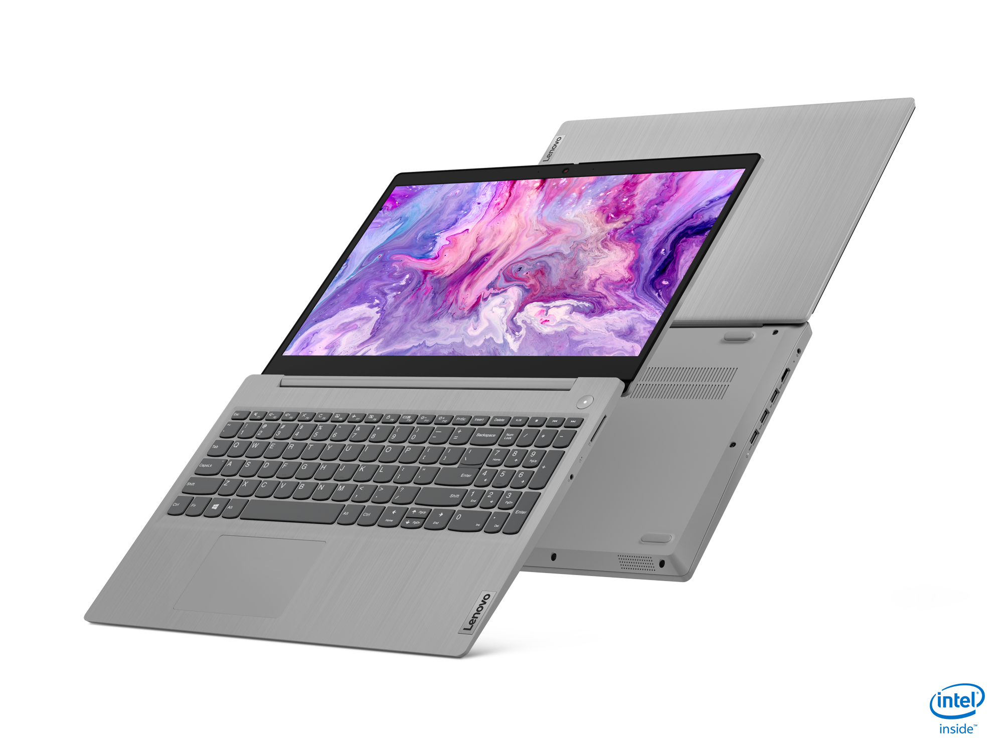 Twee grijze Lenovo laptops, waarvan één open, met een kleurrijke abstracte achtergrond op het scherm.
