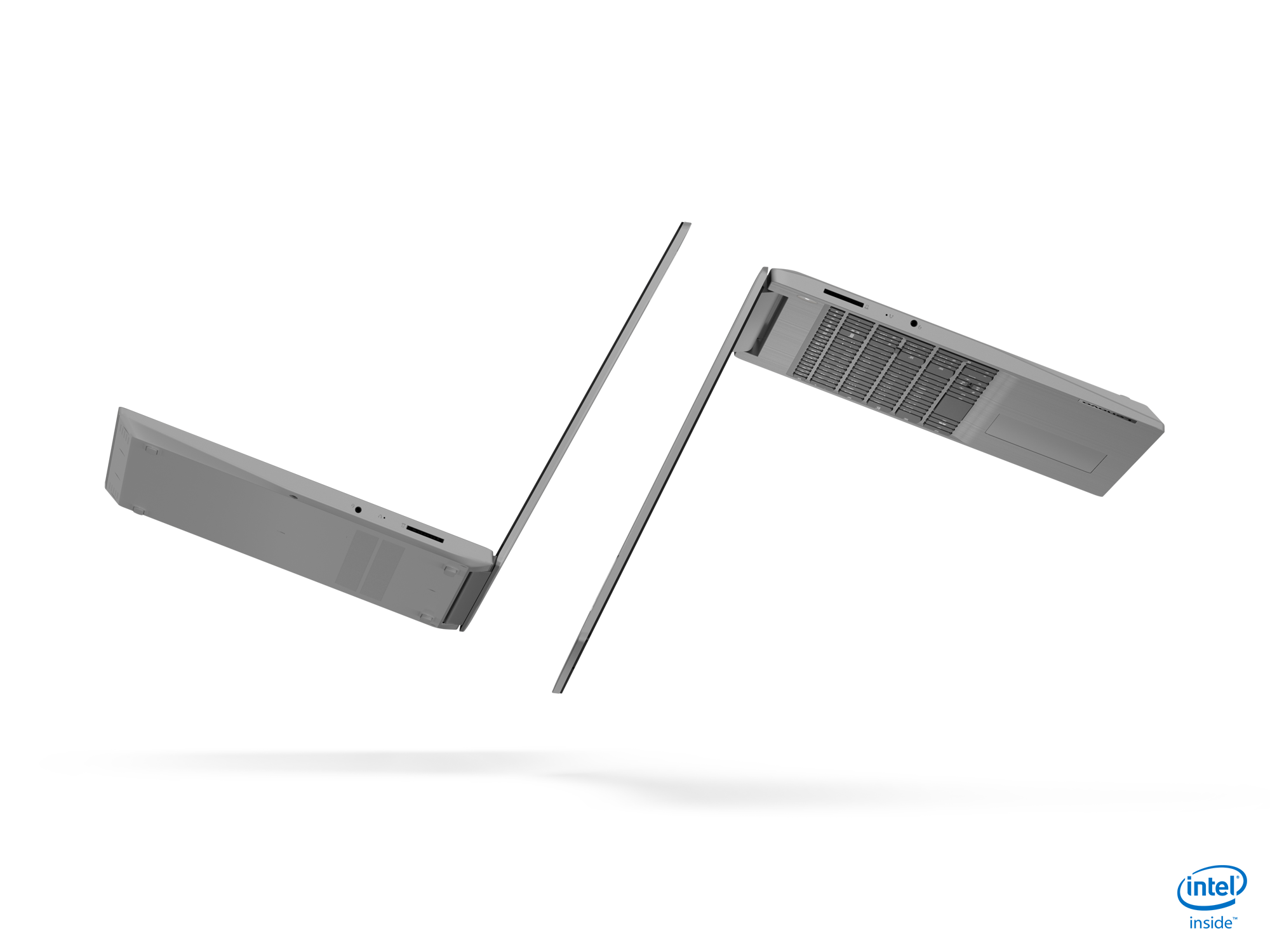 Laptop in twee delen op zwarte achtergrond, met het Intel Inside-logo.