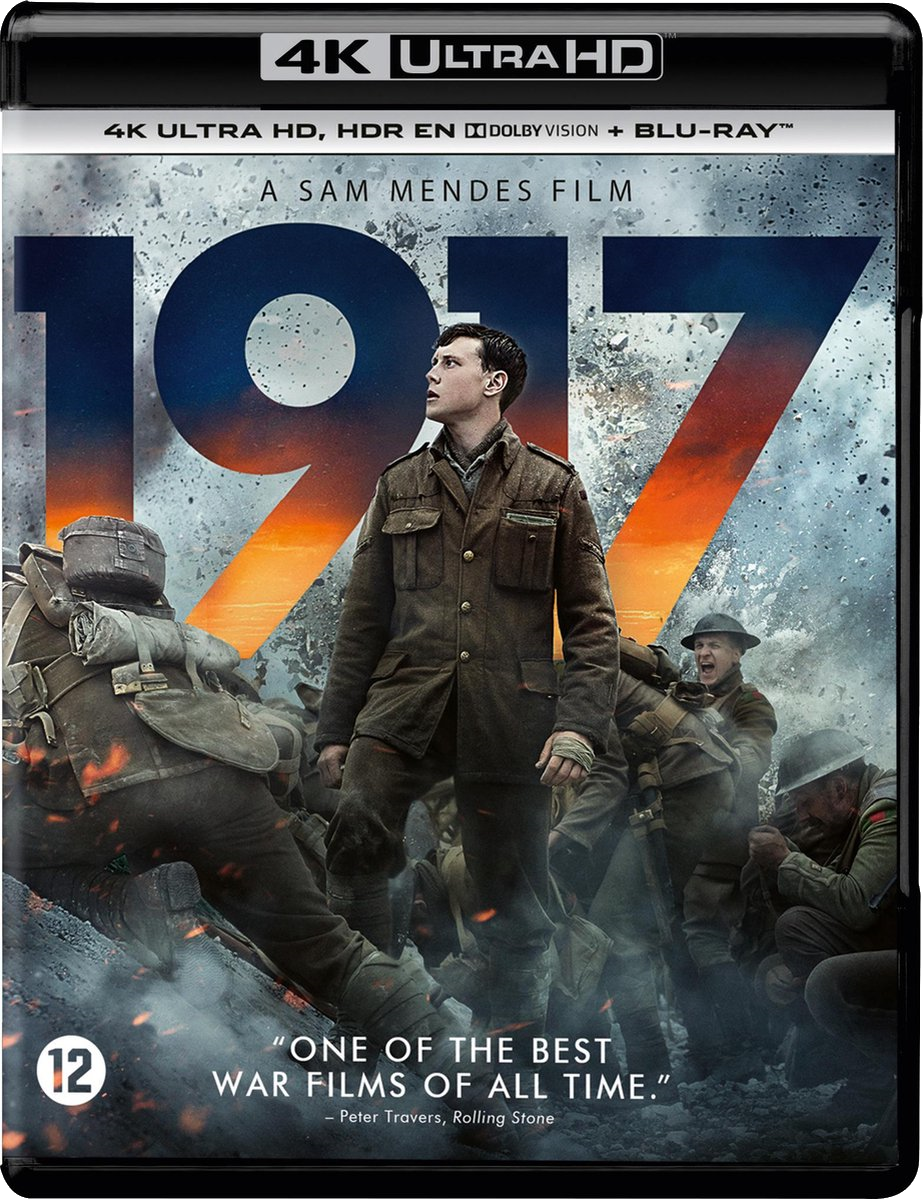 Couverture Blu-ray 4K Ultra HD du film 1917, avec un soldat dans une scène de guerre.
