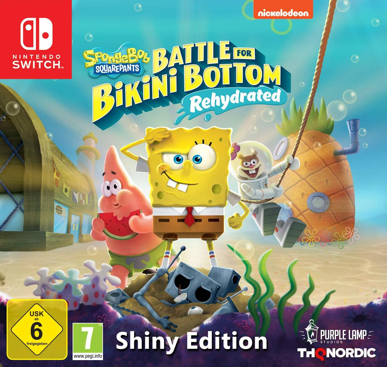 SpongeBob-Videospiel-Cover mit SpongeBob, Patrick und Sandy. Helle Farben und Cartoon-Grafiken.