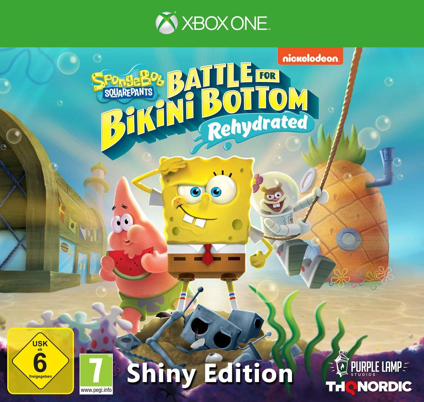 SpongeBob-Spielcover. SpongeBob, Patrick und Sandy. Titel: Battle for Bikini Bottom Rehydrated, Shiny Edition.