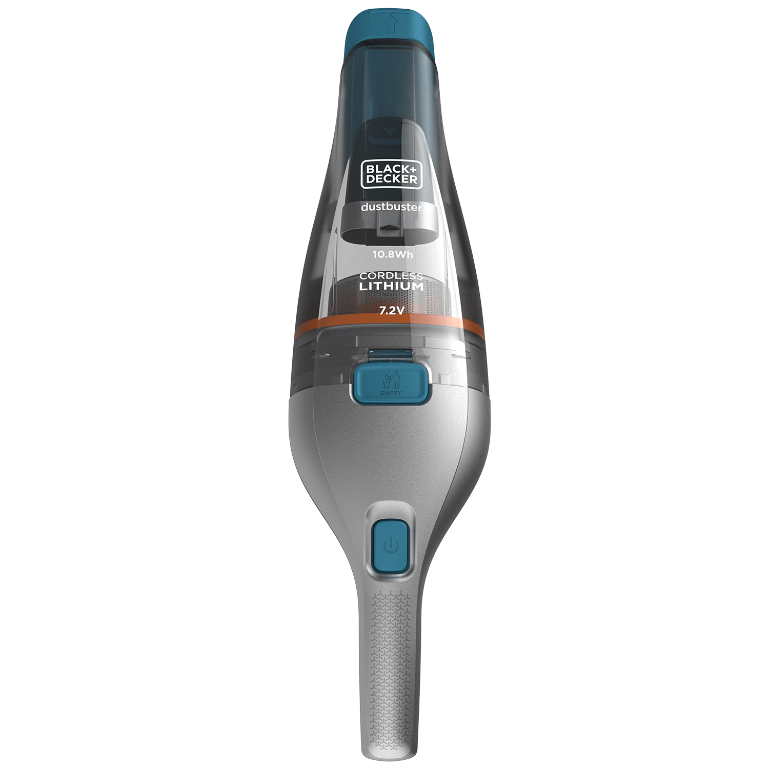 Black and grey cordless vacuum cleaner, with a blue button and a clear dust container.
