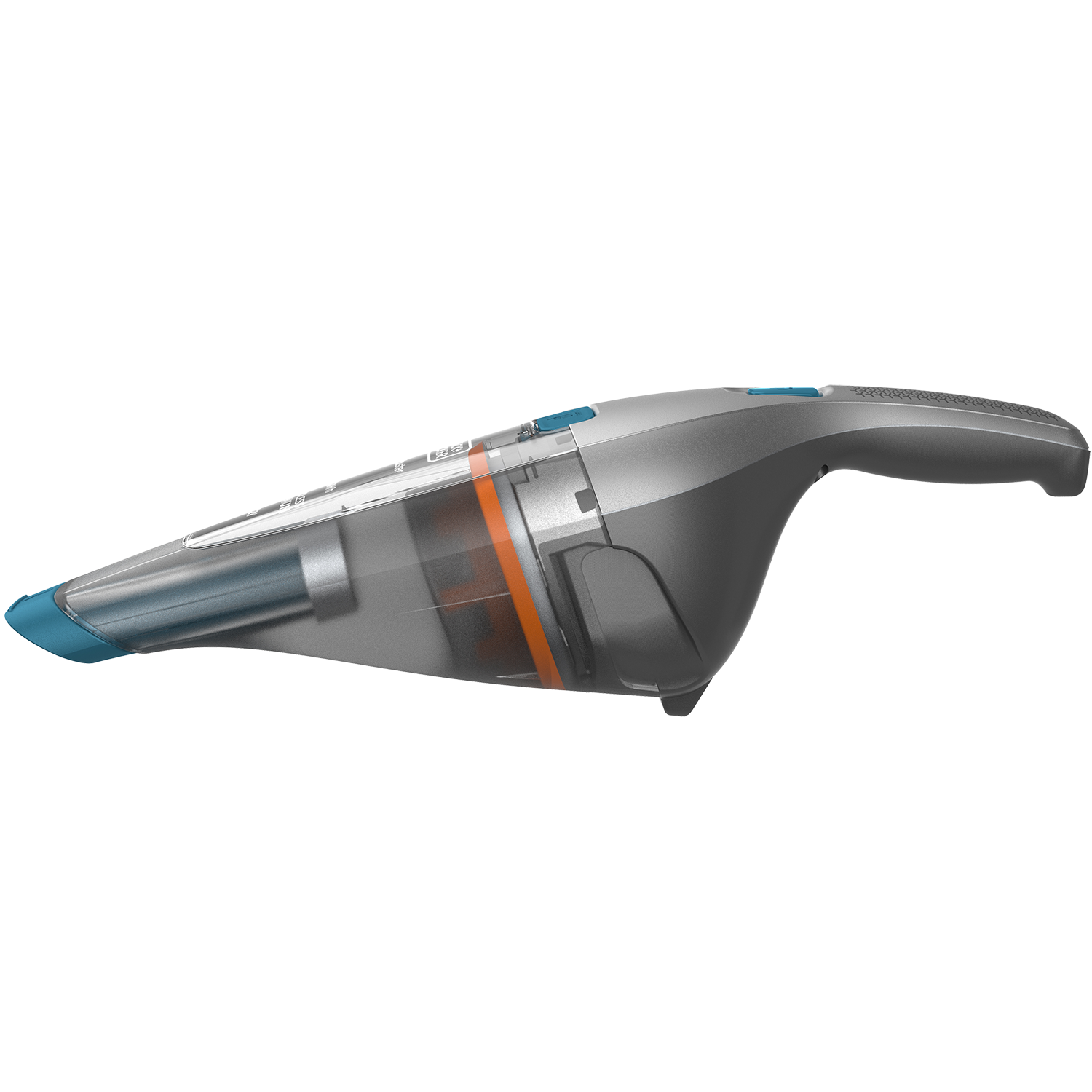 Handheld vacuum cleaner, black and grey, with blue accents. Product is isolated on a black background.