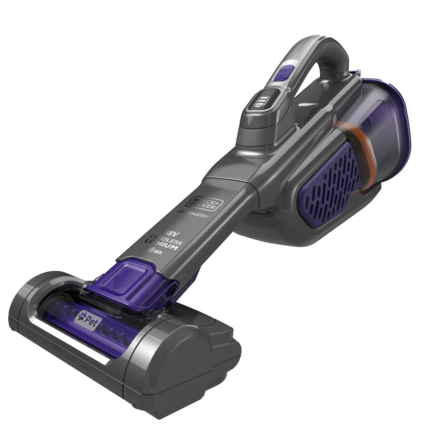 Grijze en paarse handstofzuiger. 'Pet'-label op de borstel. Zwarte achtergrond.