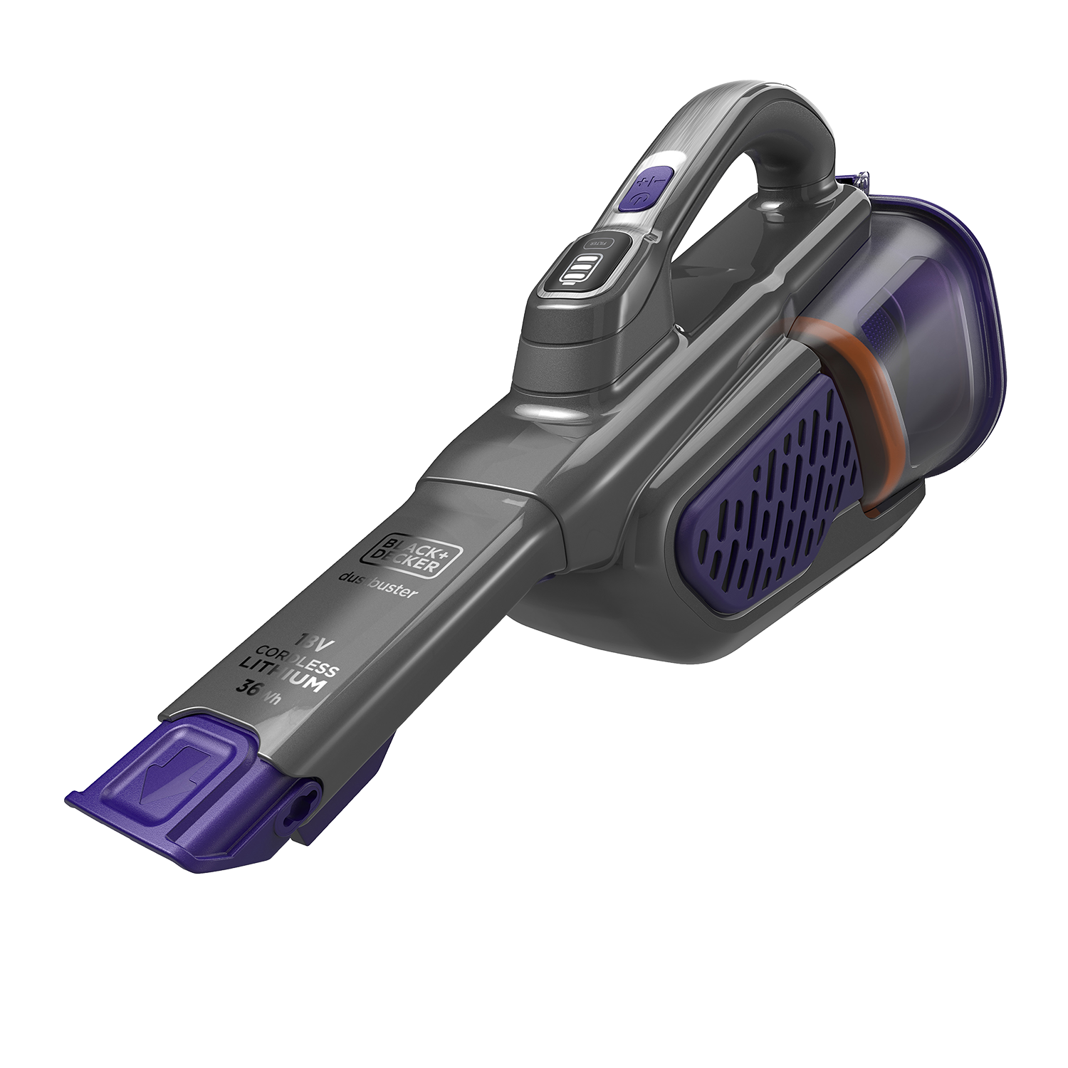 Black & Decker draadloze stofzuiger. Grijs en paars kleurenschema, schuine weergave, zwarte achtergrond.