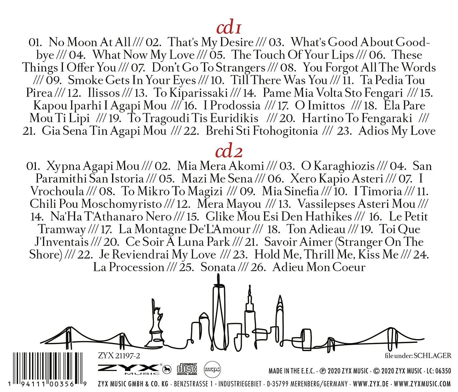 Die Rückseite einer CD mit Titellisten und Liner Notes, mit einer Stadtansicht am unteren Rand.