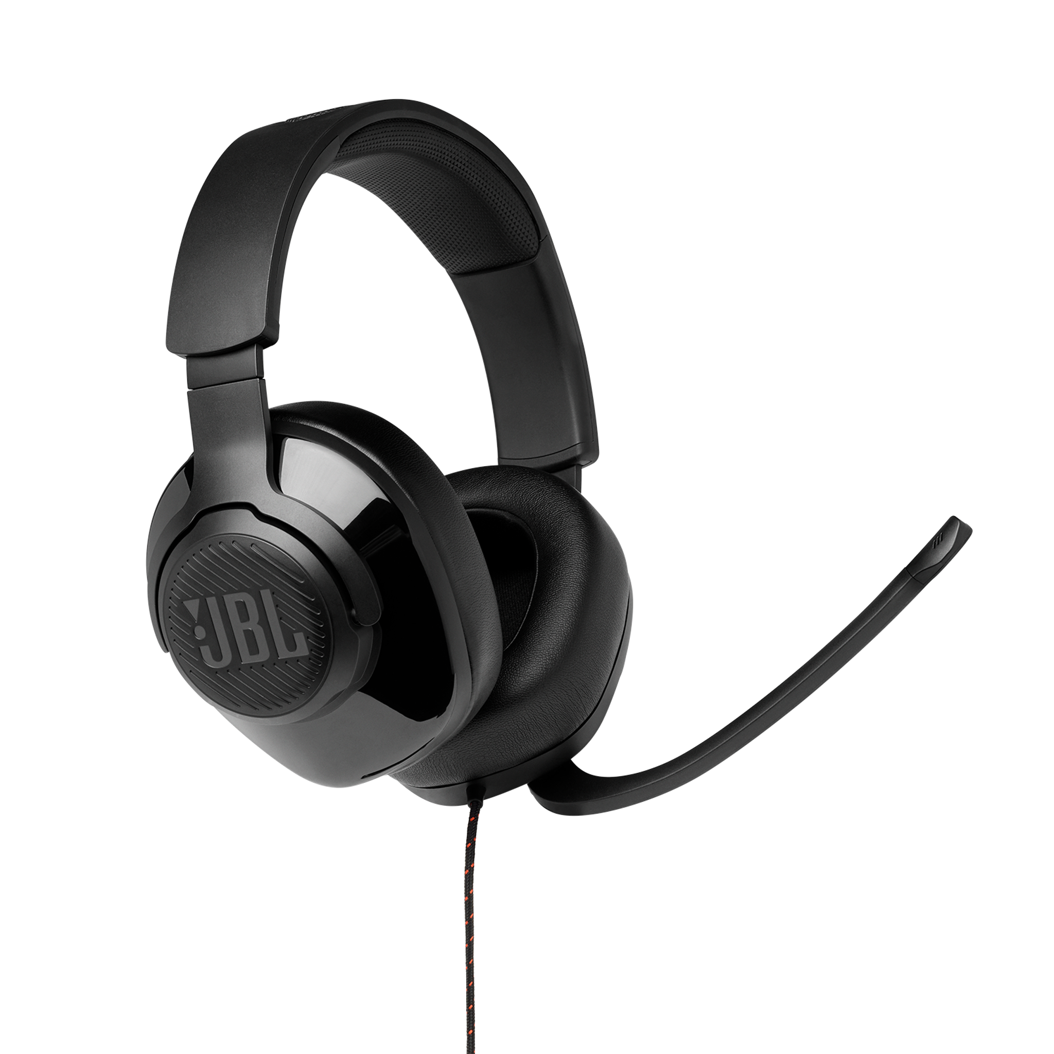 Zwarte JBL-hoofdtelefoon met een microfoon. De hoofdtelefoon staat op een zwarte achtergrond.