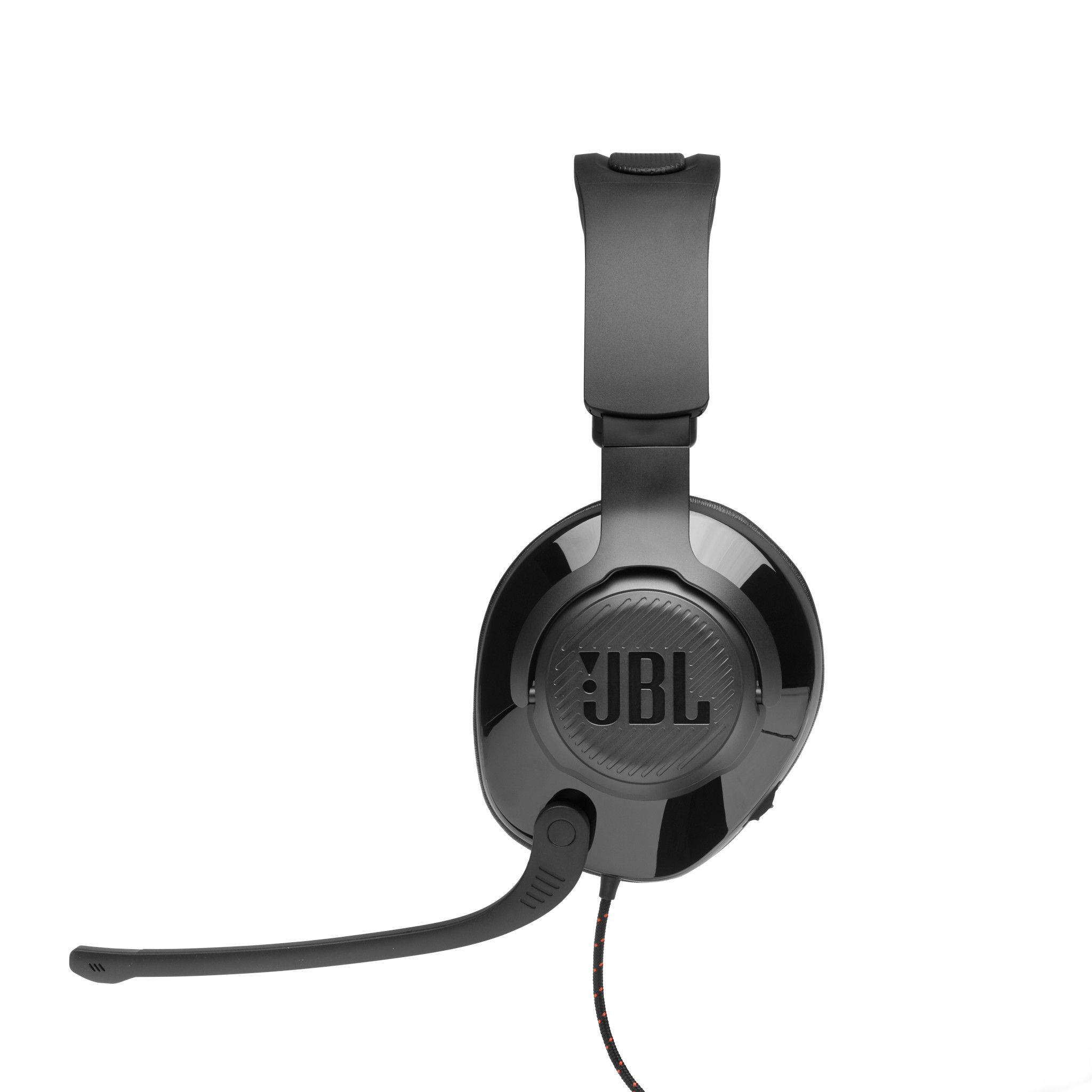 Zwarte JBL-headset met microfoon, schuine weergave. Zwarte kabel.