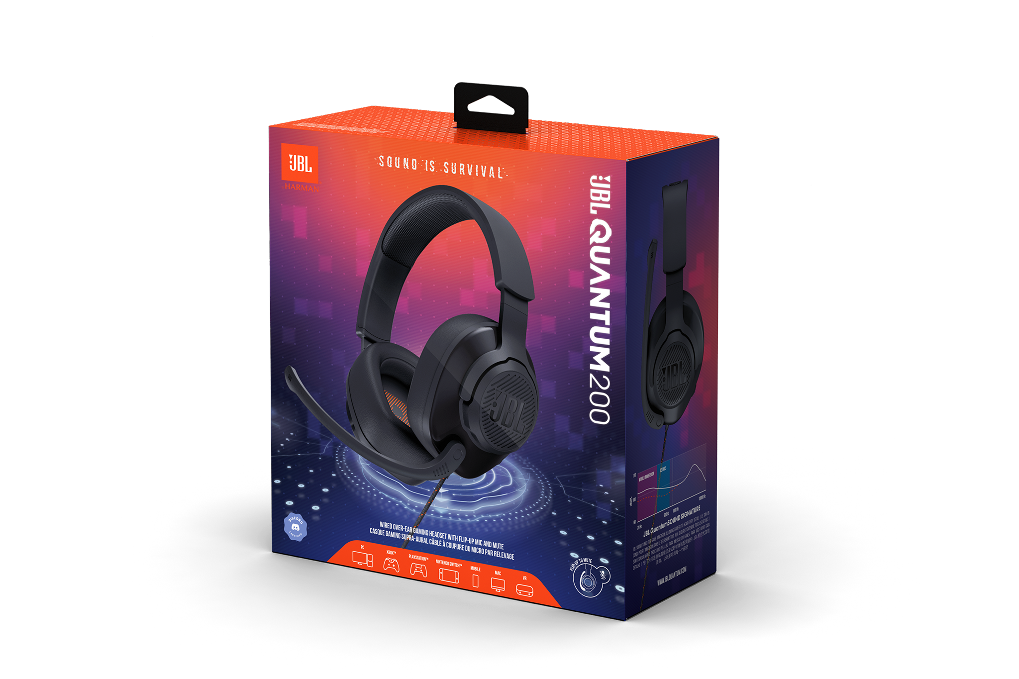 Koptelefoon in een doos, met de tekst 'JBL QUANTUM 200' en 'SOUND IS SURVIVAL'.